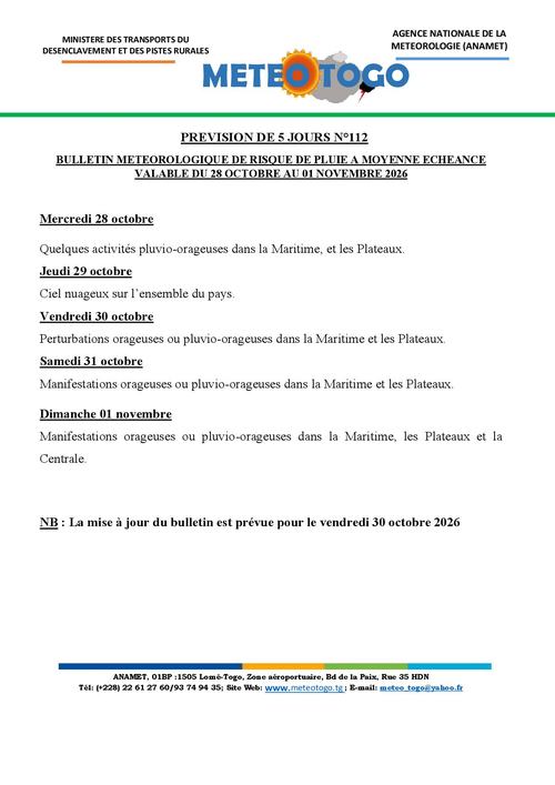 Bulletin du 28 octobre au 01 Novembre 2026