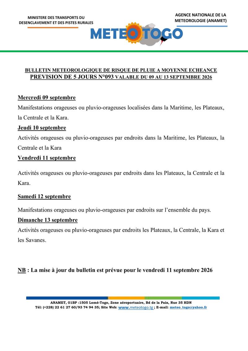 Bulletin du 09 au 13 septembre 2026