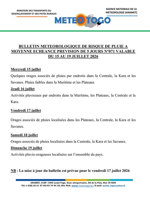 Bulletin du 15 au 19 juillet 2026