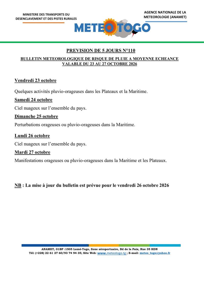 Bulletin du 23 au 27 octobre 2026