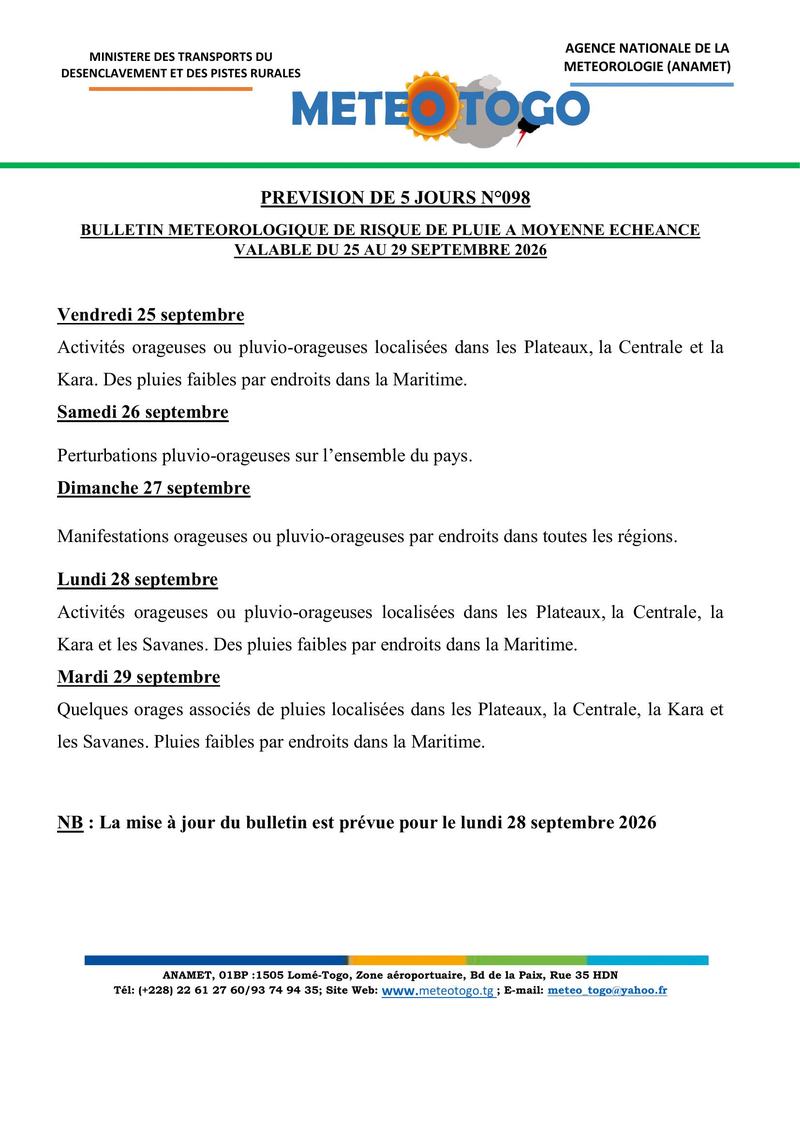 Bulletin du 25 au 29 septembre 2026