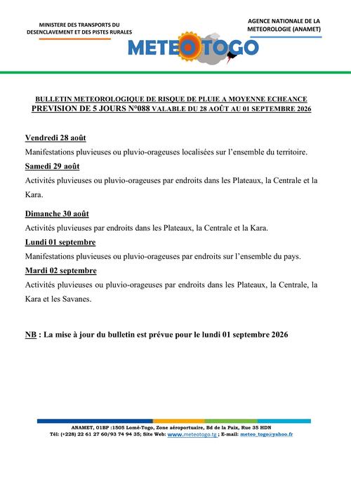 Bulletin du 28 août au 01 septembre 2026
