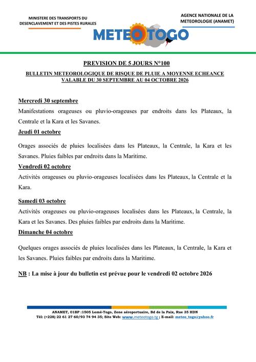 Bulletin du 30 septembre au 04 octobre 2026